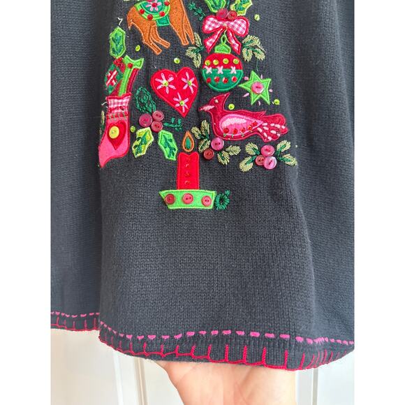 Quaker Factory Black Sweater with Embroidered Christmas Tree Novelty Detail - Picture 8 of 10